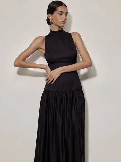 Patchwork Open Back Sleeveless Round Neck Maxi Dress