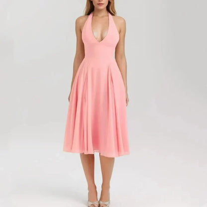 Pink Deep V Collar Halter Sling Midi Dress