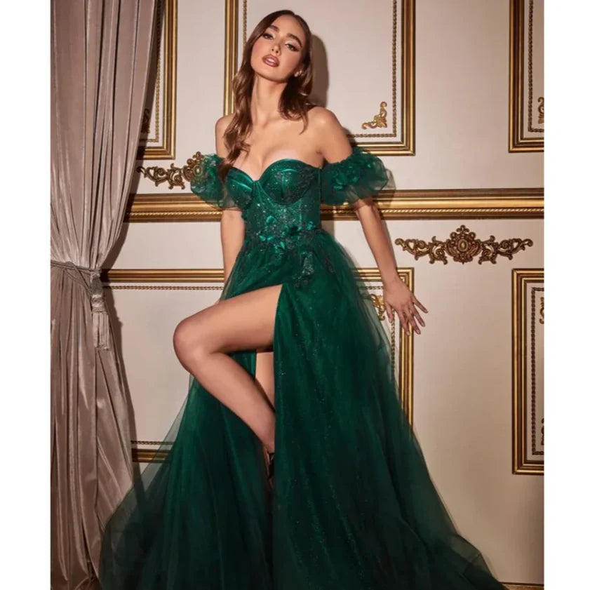 Heart Neck Tulle Prom Dress Puffy Sleeves Side Split