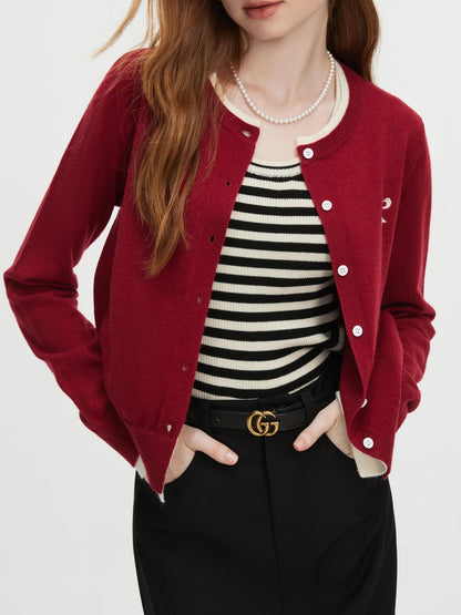 Bow Contrast Stitching Knit Cardigan
