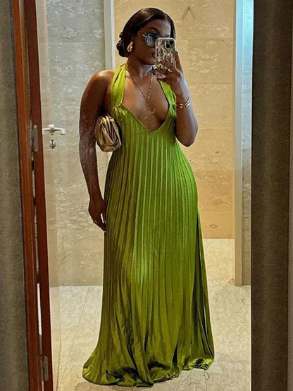 Pleated Hollow Out Halter Neck Long Dress