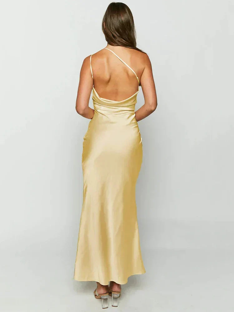 One Shoulder Cowl Neck Satin Column Maxi Gown