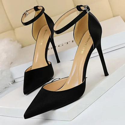 Satin Shallow Pointed Women Pumps with Buckle High Heels