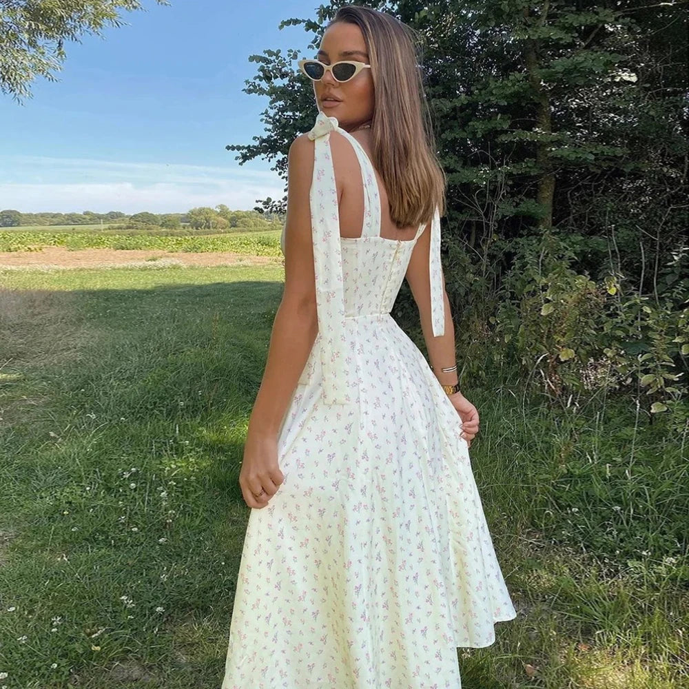 Ditsy Floral Sweetheart Bow Strap Ruched Bodice High Slit Midi Dress