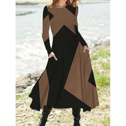 Geometric Patchwork Long Sleeve Pocket Flared A-Line Maxi Dress