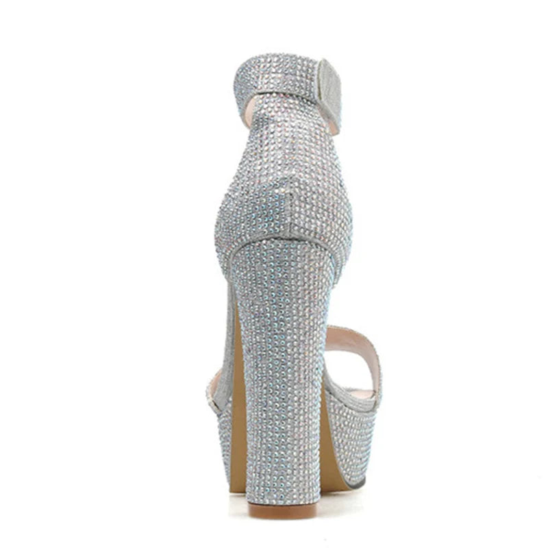 Silver Rhinestone Platform Sandals with Ankle Strap and Square High Heels for Summer