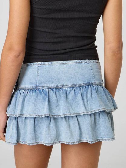 Denim Wash Ruffle A-line Mini Skirt