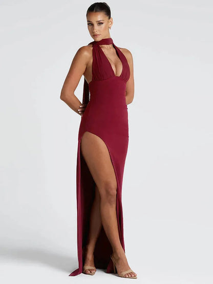 Halter Deep V Split Maxi Bodycon Dress