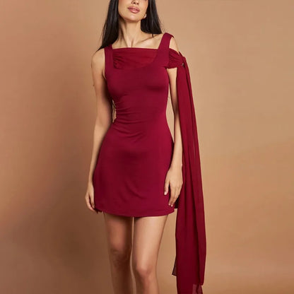 Asymmetrical Chiffon Ribbon Sleeveless Mini Dress