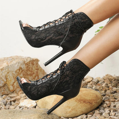 Black Mesh Peep Toe High Heels Dance Shoes for Women with Sexy Hollow Out Cross-Tied Design