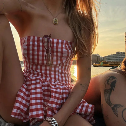 Spring Summer Plaid Tops for Women Streetwear Strapless Off Shoulder Backless Ruched Red T-shirt Girls Sleeveless Tees Top