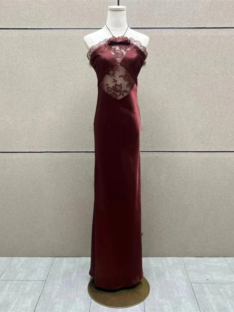 Halter Neck Bowknot Lace Patchwork Long Dress