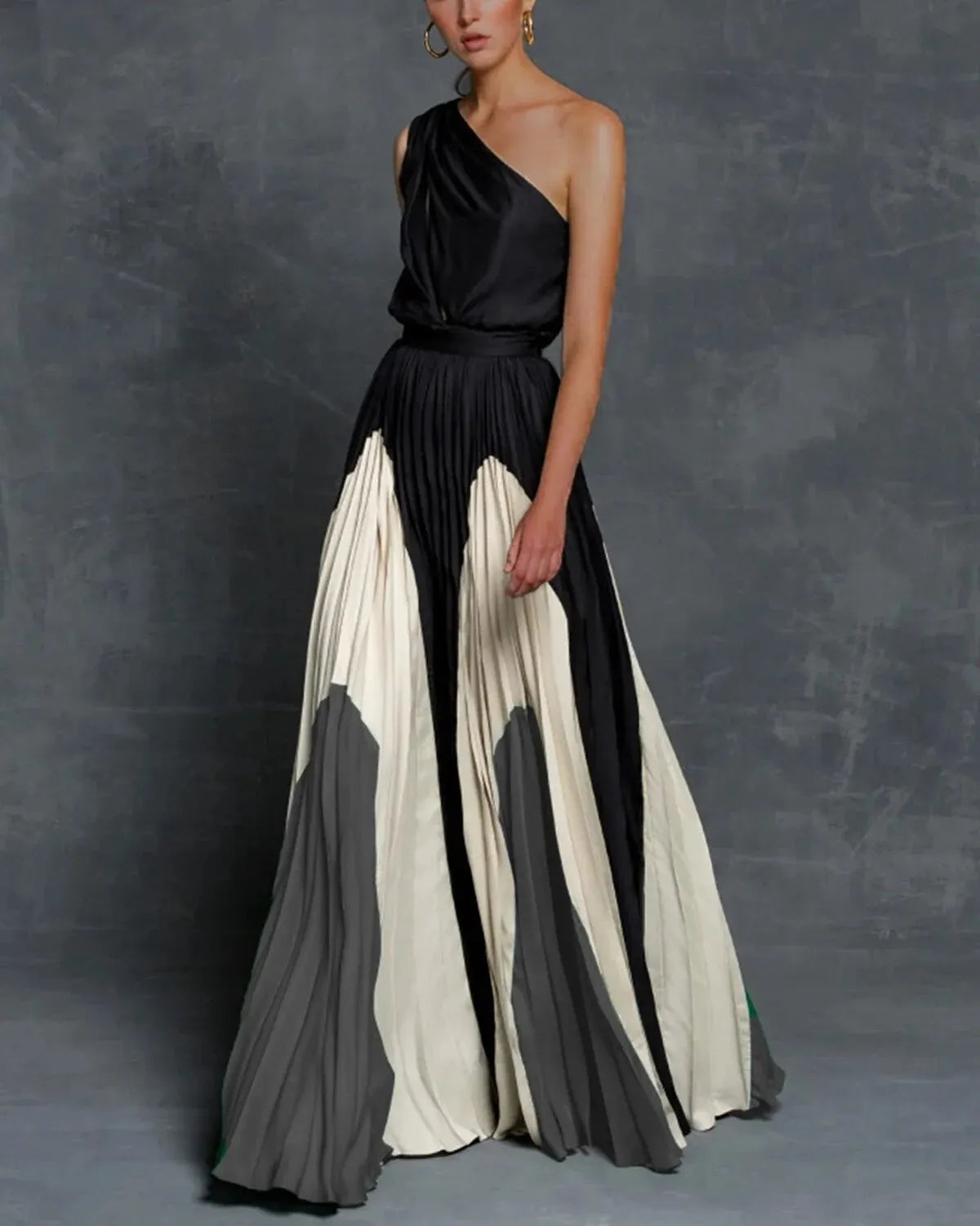 One-Shoulder Sunray Pleated Geometric Panel Maxi Gown