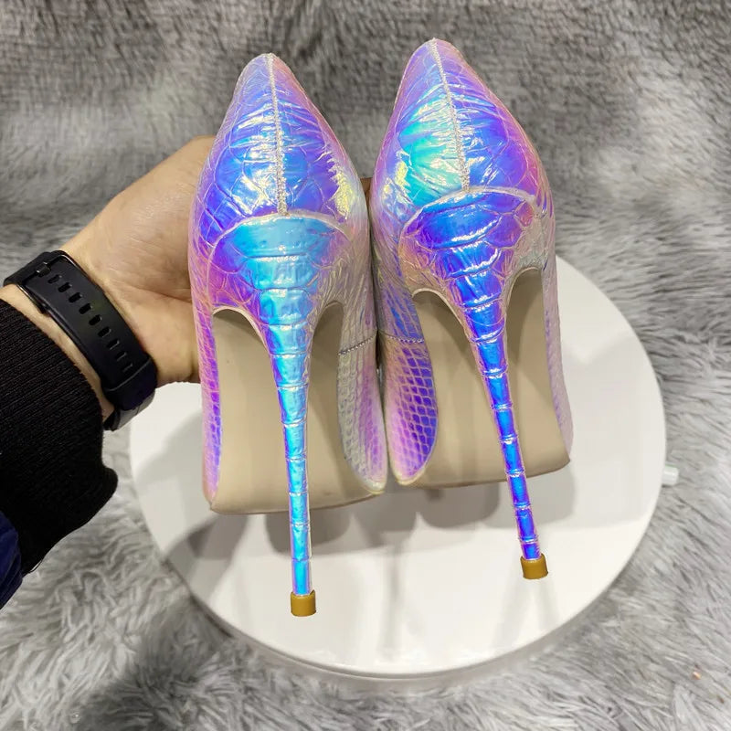 Silver Crocodile Effect Women Sexy Pointy Toe High Heel Party Dress Shoes