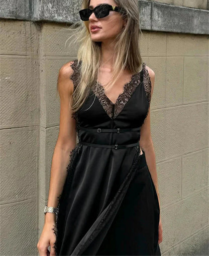 Lace Satin Patchwork High Split Maxi Dress
