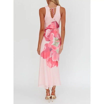 Lace-up Tie-dye Mesh Long Vacation Dress