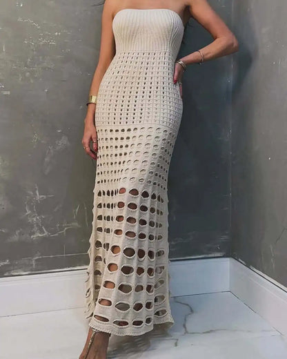 Hollow Strapless Knitted Maxi Dress