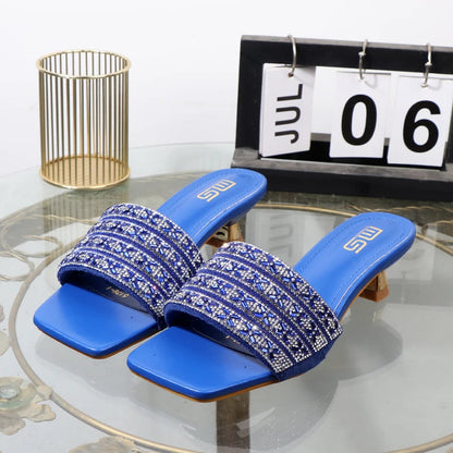 Luxurious Rhinestone Square Toe Black Sandals with 4CM Heel