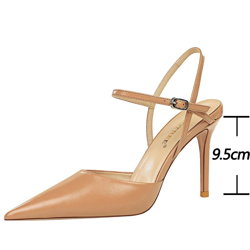 Pu Leather Women Sandals with Hollow Out Stiletto Heels for Summer