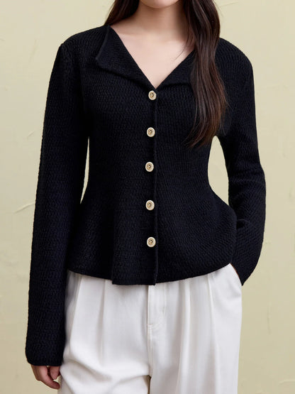 Bubble Sleeve V-neck Red Knit Cardigan