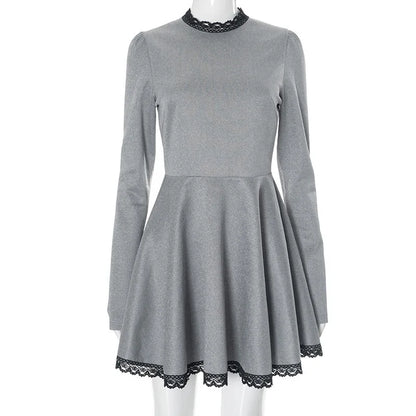 Patchwork Gray Long Sleeve A-line Mini Dress