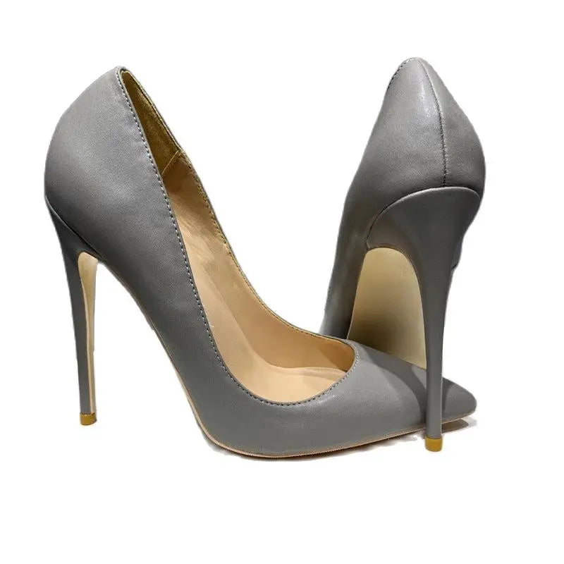 Grey Leather Soft Female Stiletto High Heel Shoes 10Cm Pointy Toe
