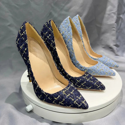 Navy Blue Plaid Pointy Toe High Heel Stiletto Pumps for Women