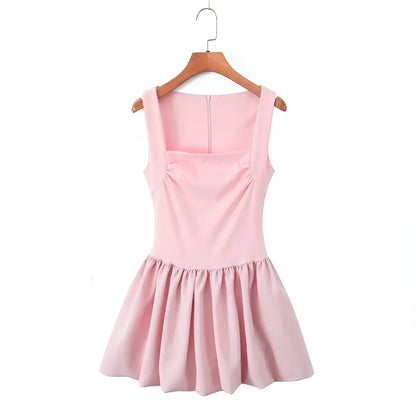 Square Neck Ruched Bodice Bubble Hem Mini Dress