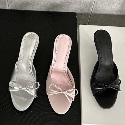 Summer Pink Butterfly-knot Woman Slippers with Elegance Stripper Thin Low Heels