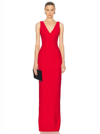 Deep V Neck Red Sleeveless Bodycon Long Dress