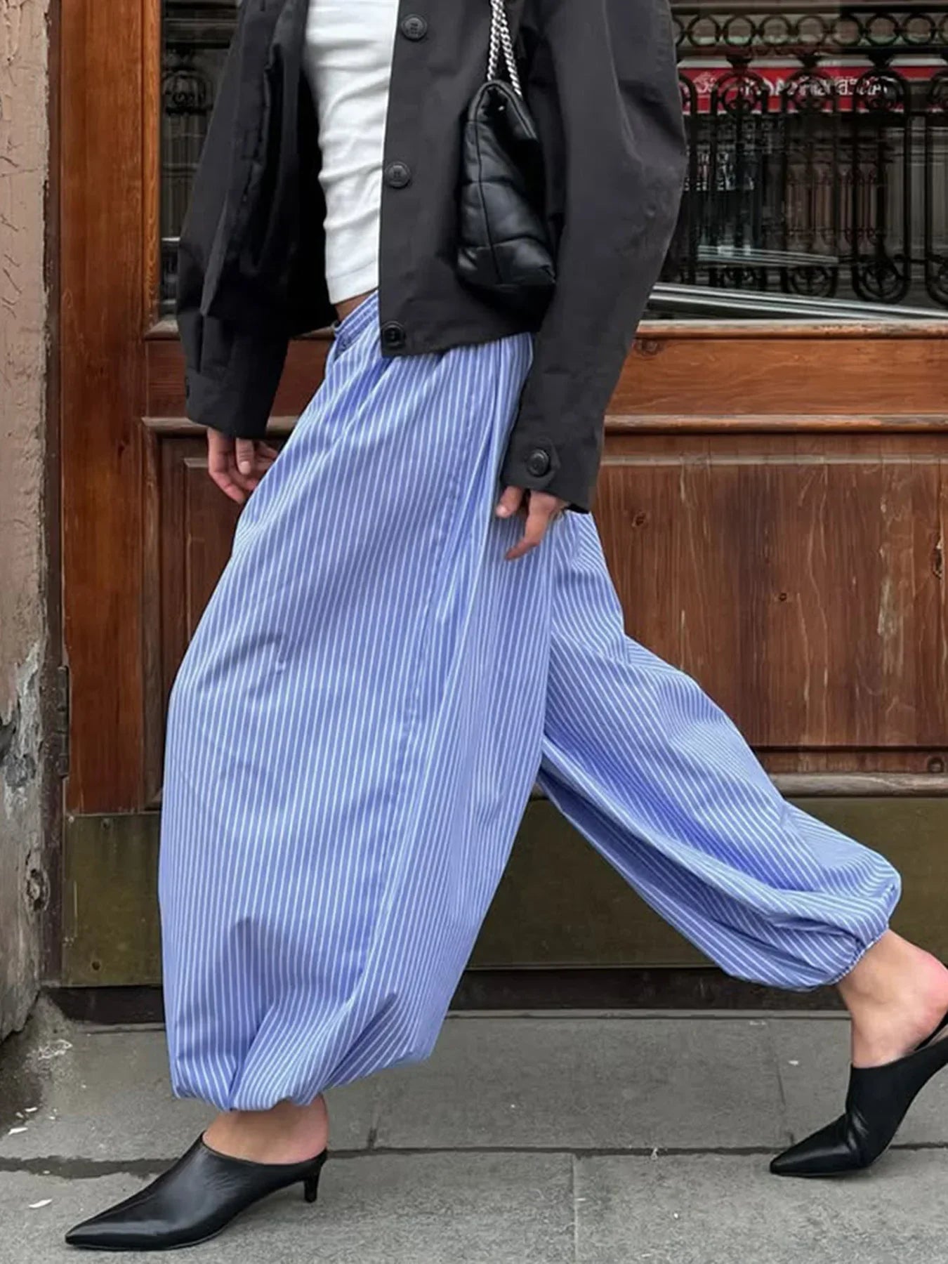Streetwear Blue Striped Print Casual Pants Elastic Low Rise Loose Trousers y2k Aesthetic Korean Style Hippie Trousers