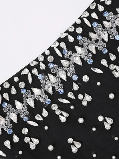 Diamonds Black Crystal Pearl Mini | Midi Dress