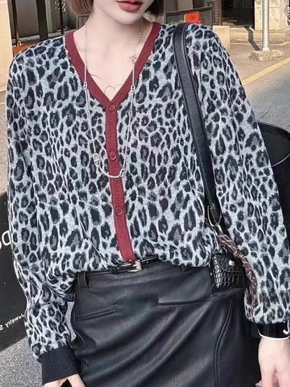 Knitted Sweaters for Women Fashion Vintage Long Sleeve Jumpers New Autumn Winter Leopard Loose Single Breasted Cardigan
