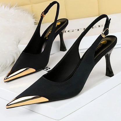 Metal Pointed Women Pumps with 7 cm Kitten Heels in Silks and Satins, Hollow Back