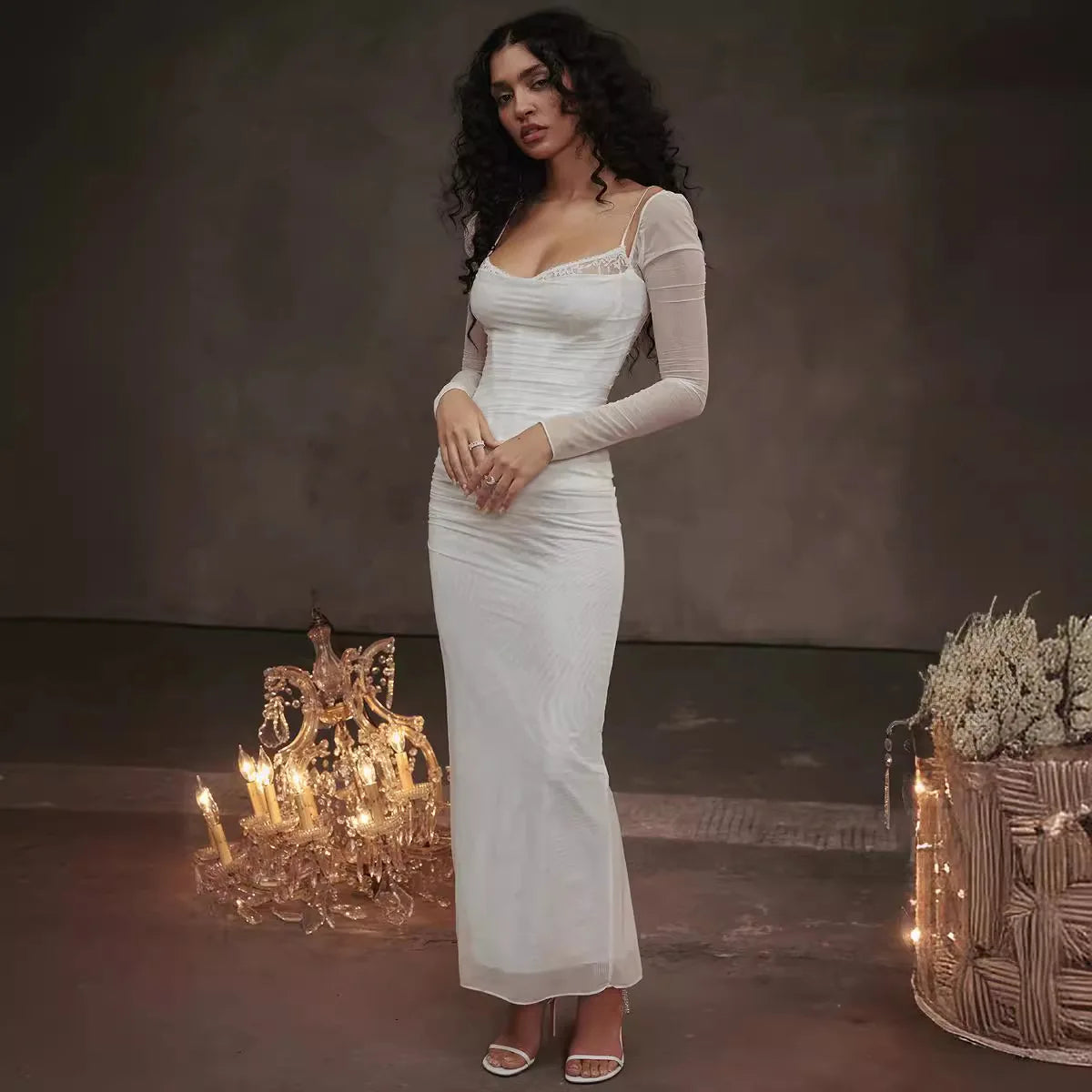 Mesh Strapless Backless Maxi Party Dress