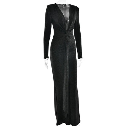 Elastic Deep V-Fold Lace Maxi Dress