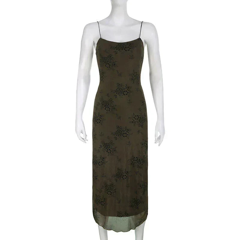 Floral Print Spaghetti Strap Lettuce-Hem Mesh Maxi Dress