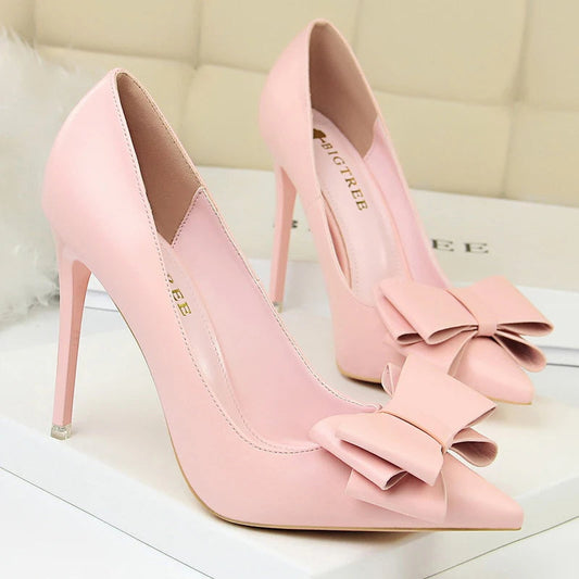 Black Classic Stiletto Pumps with Bow-knot Detail in PU Leather
