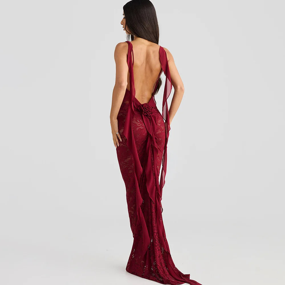 | Backless Lace Mermaid Gown with Chiffon Streamers