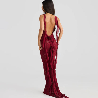 | Backless Lace Mermaid Gown with Chiffon Streamers