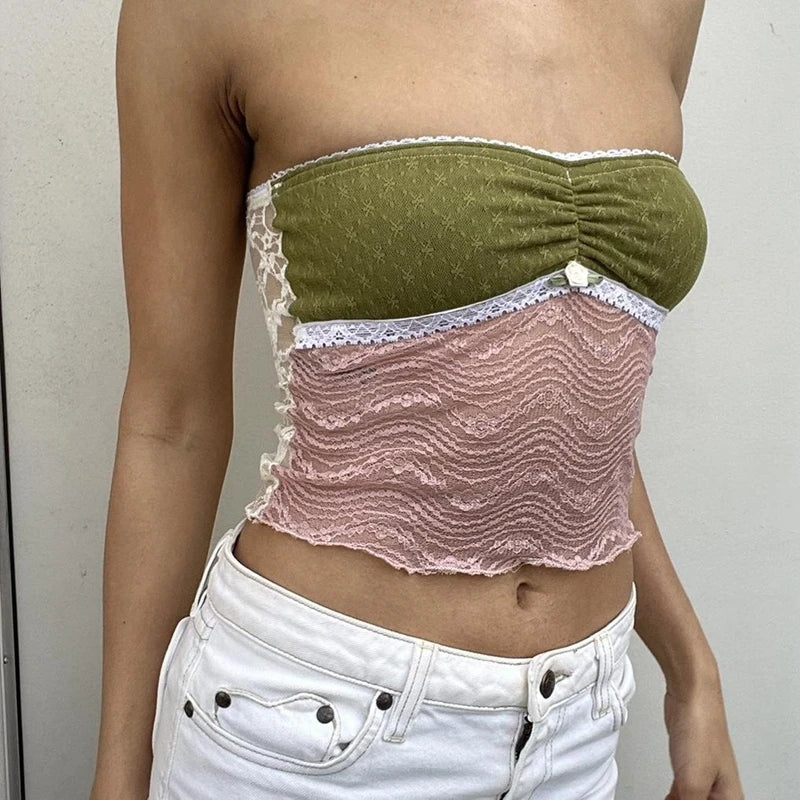 Lace Trim Sheer Mesh Strapless