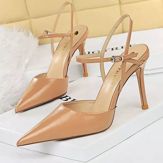 Pu Leather Women Sandals with Hollow Out Stiletto Heels for Summer