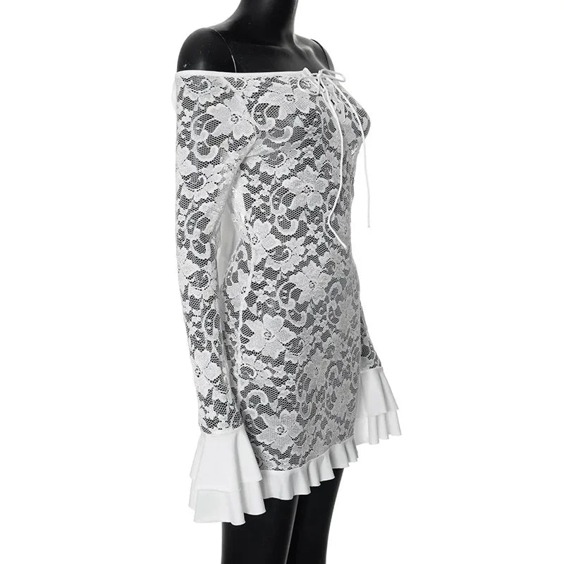 Lace Trim Slash Neck Sheer Long Sleeve Tiered Maxi Dress