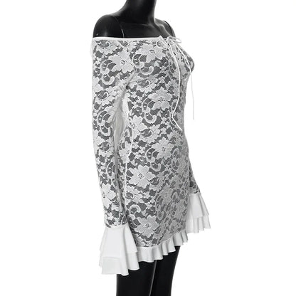 Lace Trim Slash Neck Sheer Long Sleeve Tiered Maxi Dress