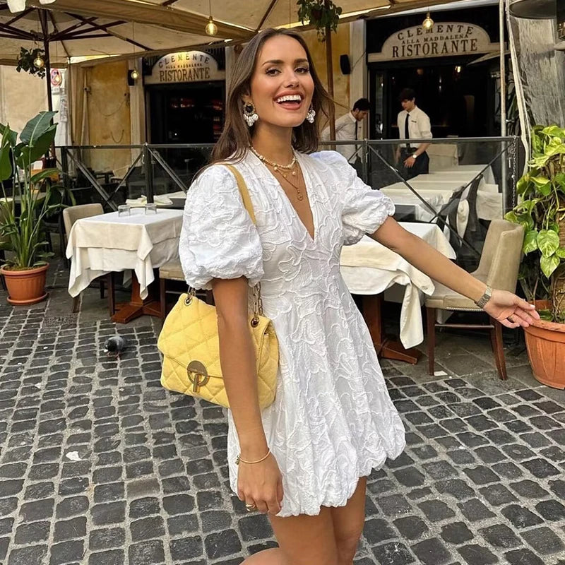 Jacquard Floral V-Neck Puff Sleeve Bubble Hem Mini Dress