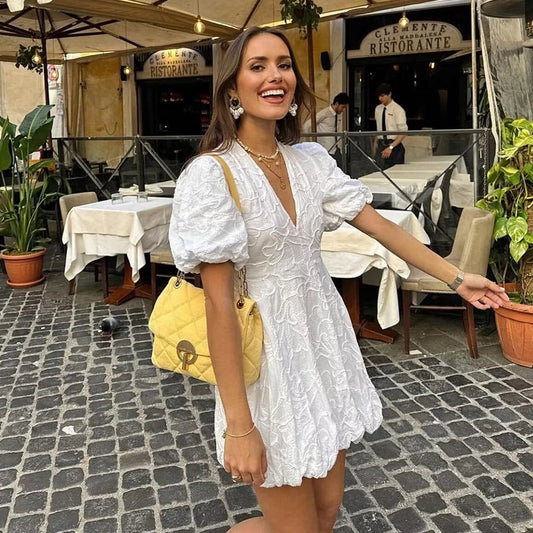 Jacquard Floral V-Neck Puff Sleeve Bubble Hem Mini Dress