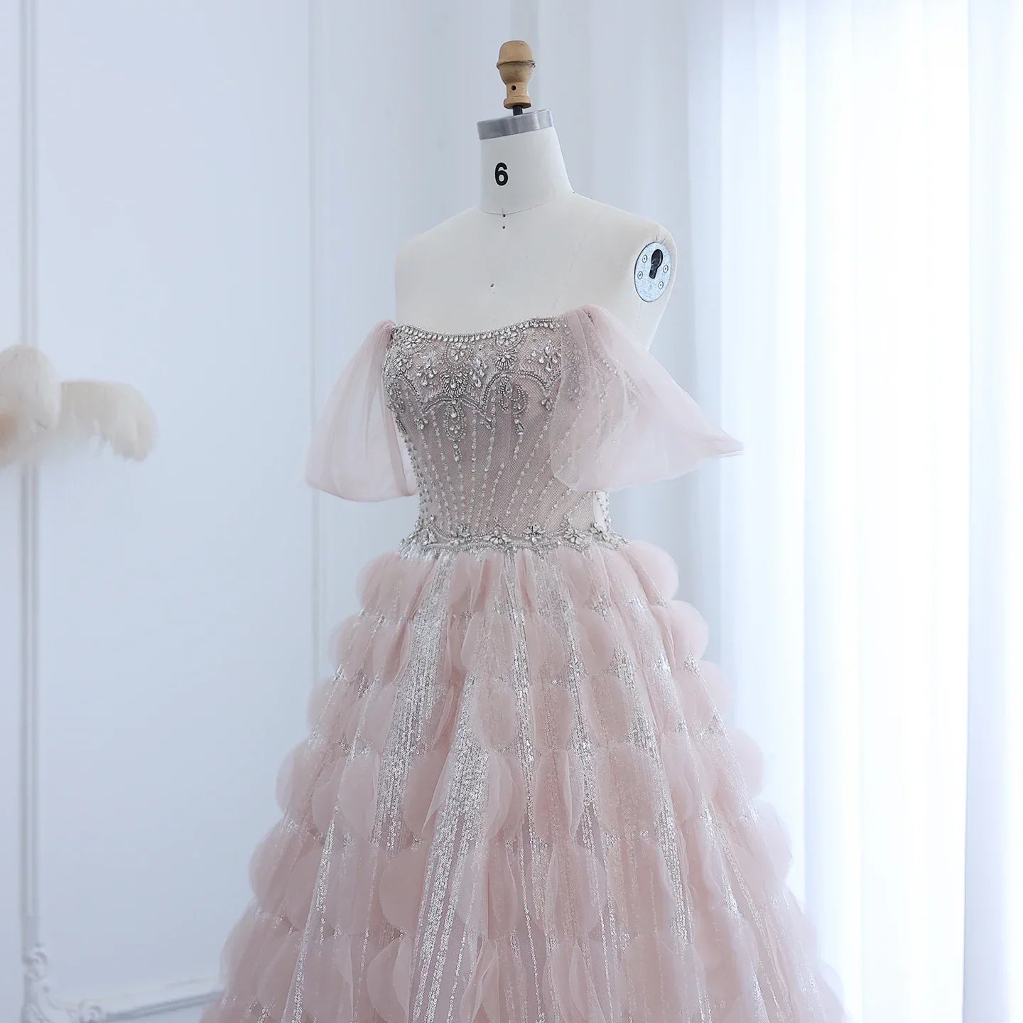 Crystal Princess Ball Gown Blush Pink Ruffles Evening Dress