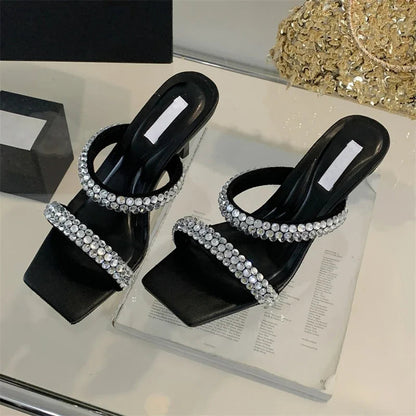 CRYSTAL Hollow Out Women Slippers with Square Toe and Thin Low Heels