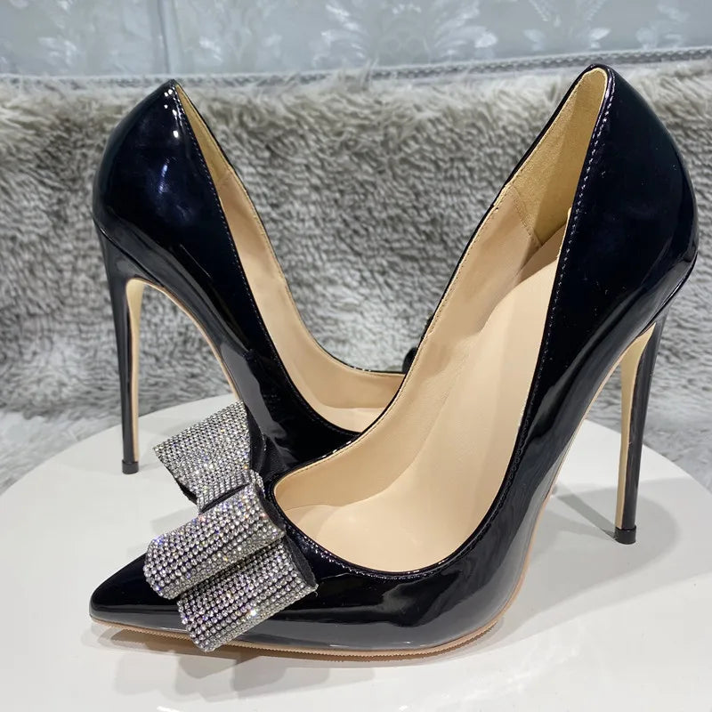 Black Patent Pointy Toe High Heel Shoes with Glitter Diamante Bow for Women