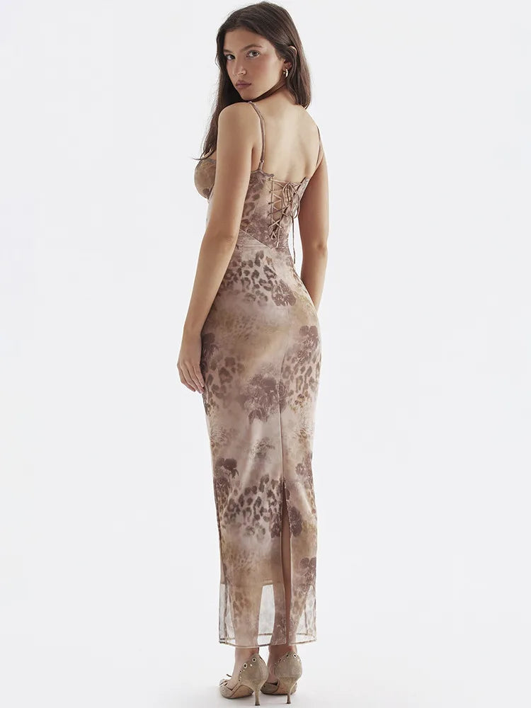 Mesh Floral Split Lace-up Bodycon Dress